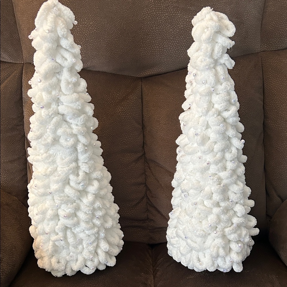 NWT Two Handmade White Christmas Trees with Sparkling Beads